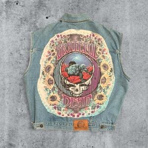 Vintage Custom Made Grateful Dead Denim Vest Steal Your Face Skull 90s Festival